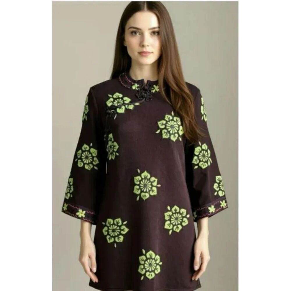 LUCKY BRAND Vintage Y2K Brown Green Wool Flare Sleeve Shift Mini Dress Medium